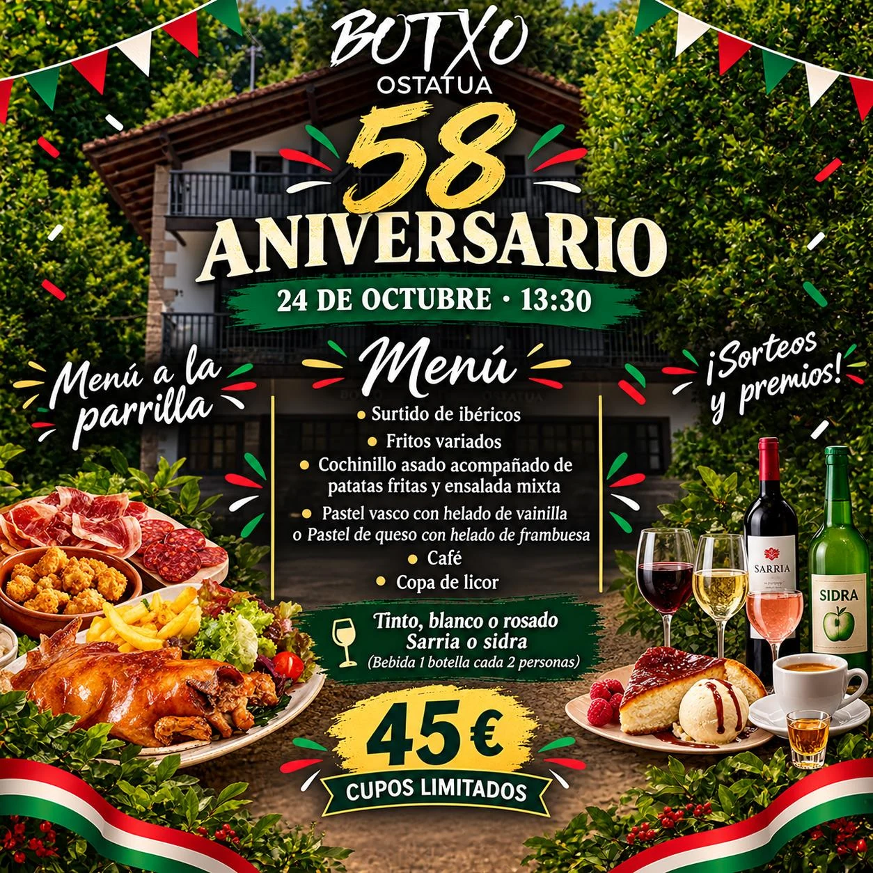 58 Aniversario Botxo Ostatua — 24 de octubre 13:30, menú a la parrilla 45€